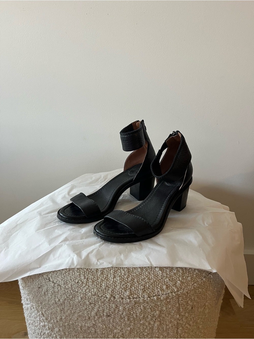 Frye Black Leather Ankle-Strap Block Heels